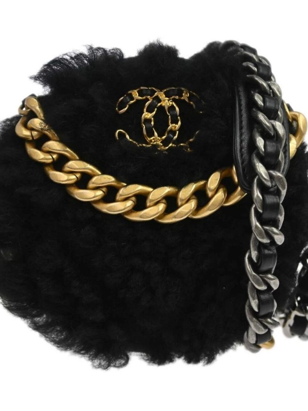 Chanel Black Fur 19 Round Chain Shoulder Bag NQ11428